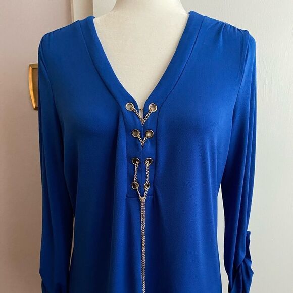 Jules & Leopold Royal Blue Chain Lace-Up Blouse | V-Neck, Roll Tab Sleeves | Siz - Picture 2 of 9